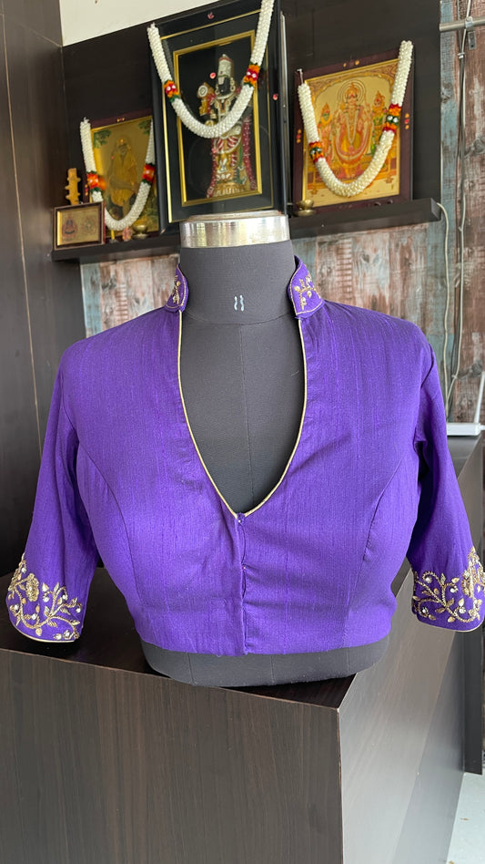 Purple silk collar & sleeves hand worked blouse