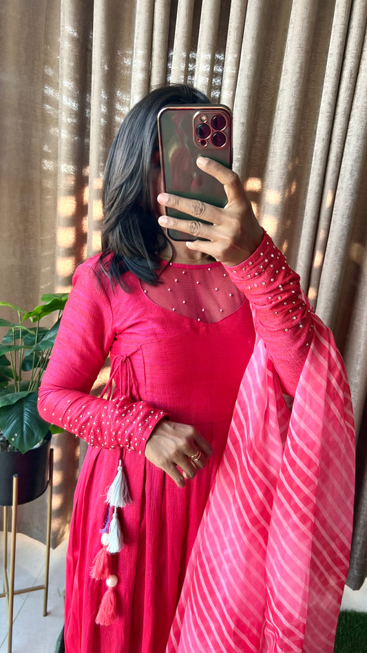 Pink silk maxi dress salwar suit of hand worked top and Duppata