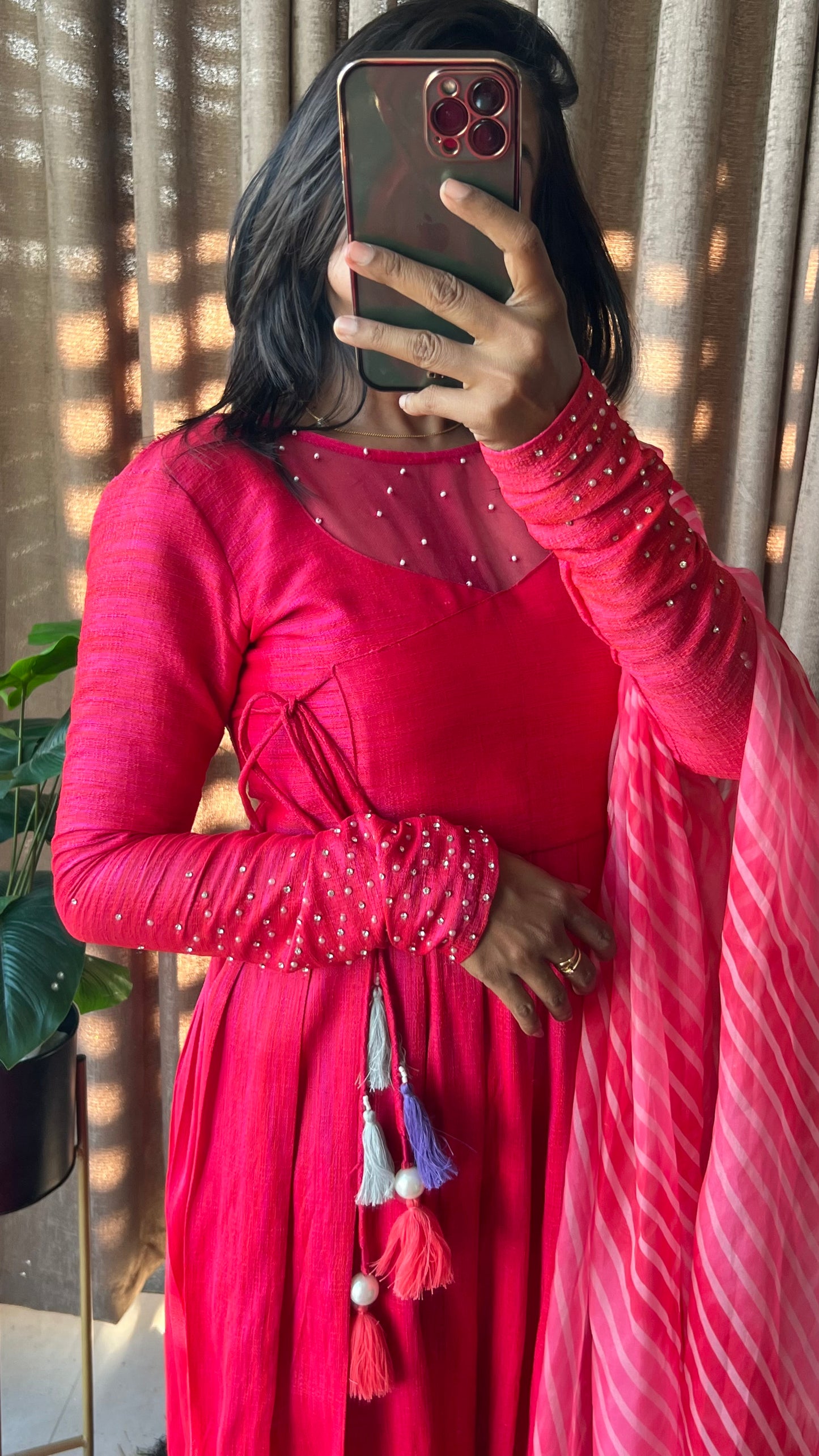 Pink silk maxi dress salwar suit of hand worked top and Duppata