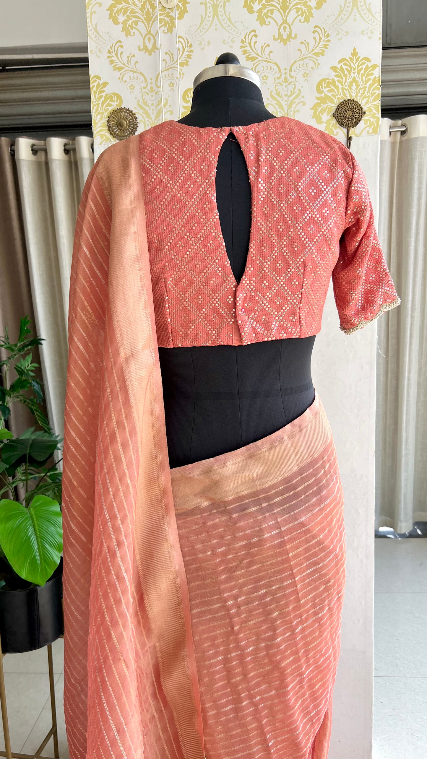Peach banarasi saree with silk hand embroidery blouse