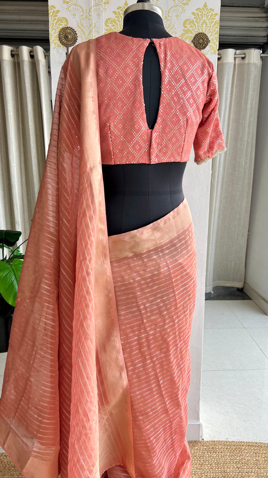 Peach banarasi saree with silk hand embroidery blouse