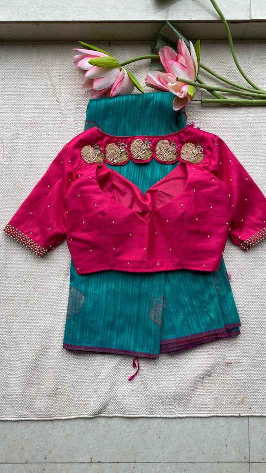 Peacock green khadi silk saree with hand worked blouse - Threads