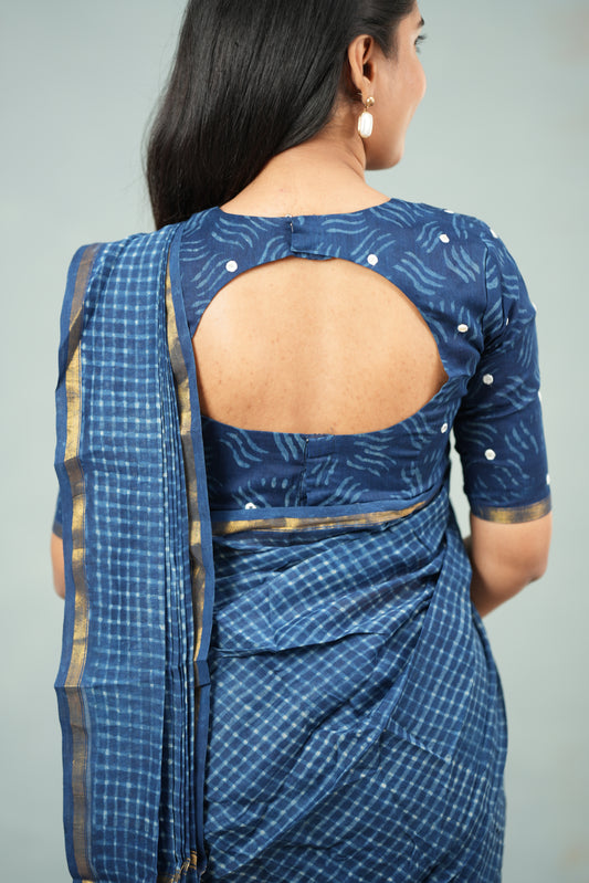 Blue checked kota saree with blue printed blouse