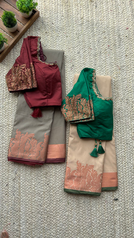 (Free full predraping ) Grey and maroon silk saree with hand worked blouse
