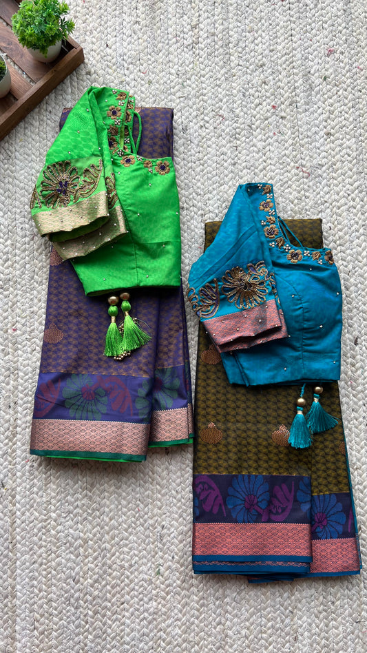 (Free full predraping ) Deep purple and green silk saree with hand worked blouse