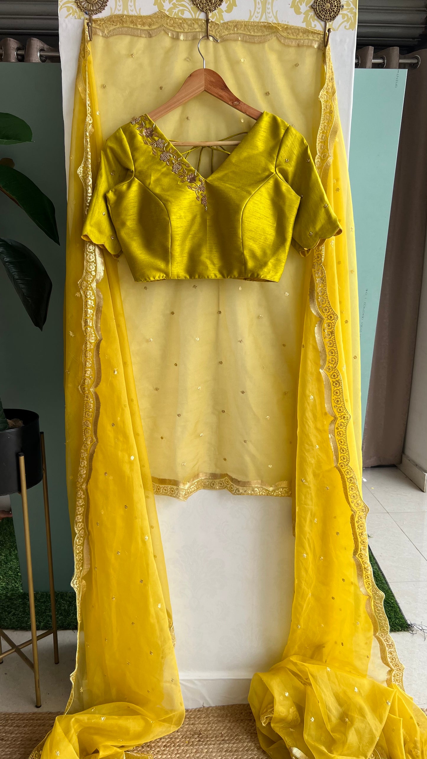 Yellow silk V neck hand worked blouse