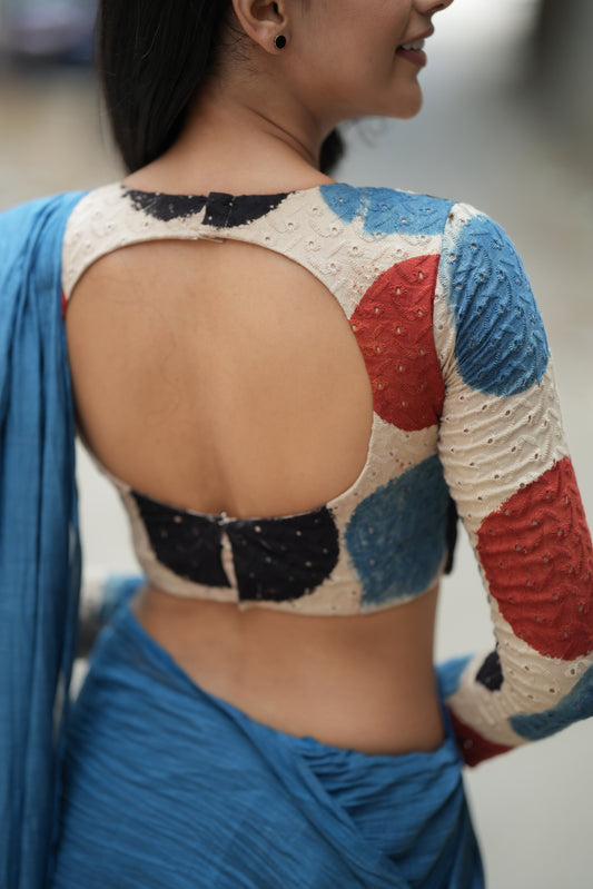 Blue malai chanderi saree with embroidery ajrak blouse