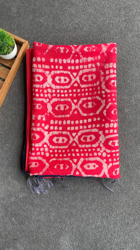 Pink & blue printed cotton saree with blouse