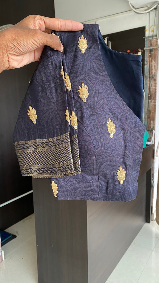 Midnight blue binni silk designer saree with mirror embroidery blouse