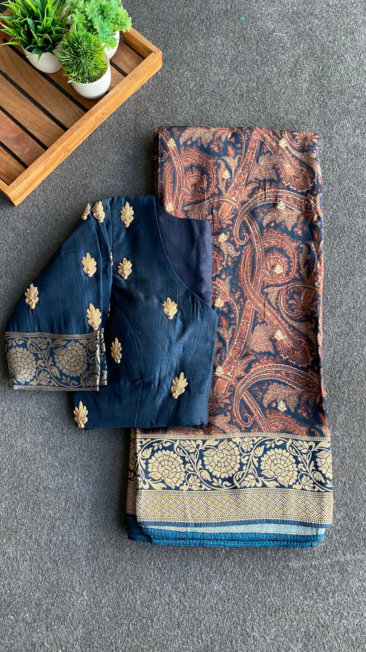 Navy blue binni silk designer saree with mirror embroidery blouse
