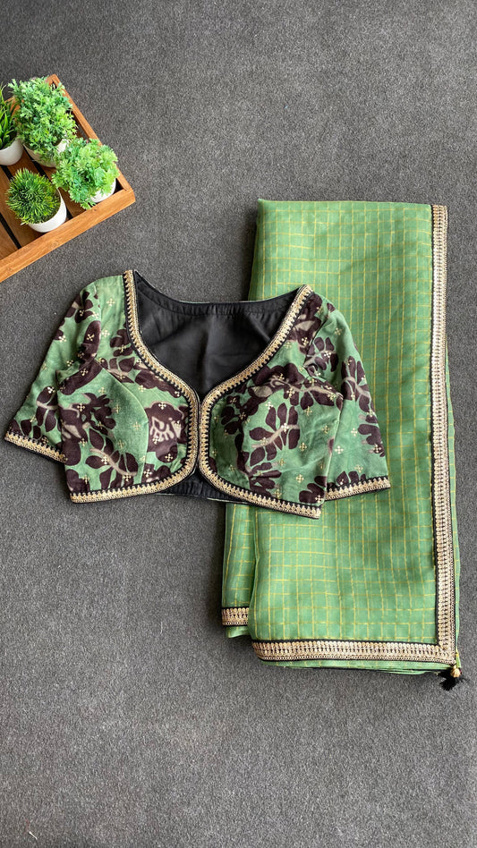 Fern green checked organza saree with embroidery blouse