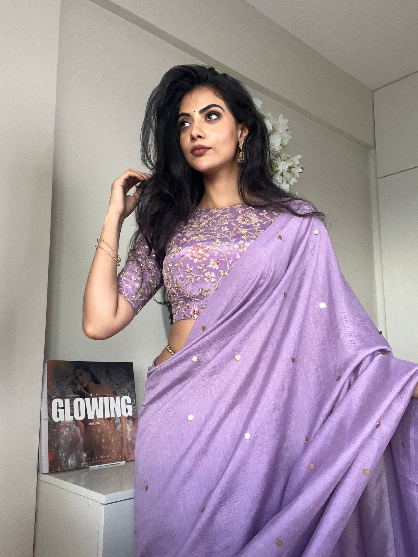 Lavender marble silk saree with embroidery blouse