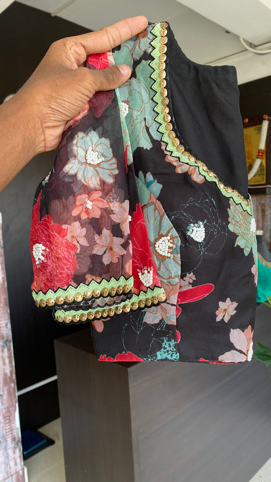 Mint organza handwork saree with floral peal blouse