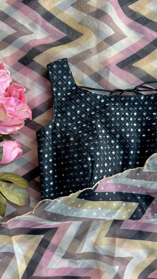 Multi organza saree with black mirror worked blouse