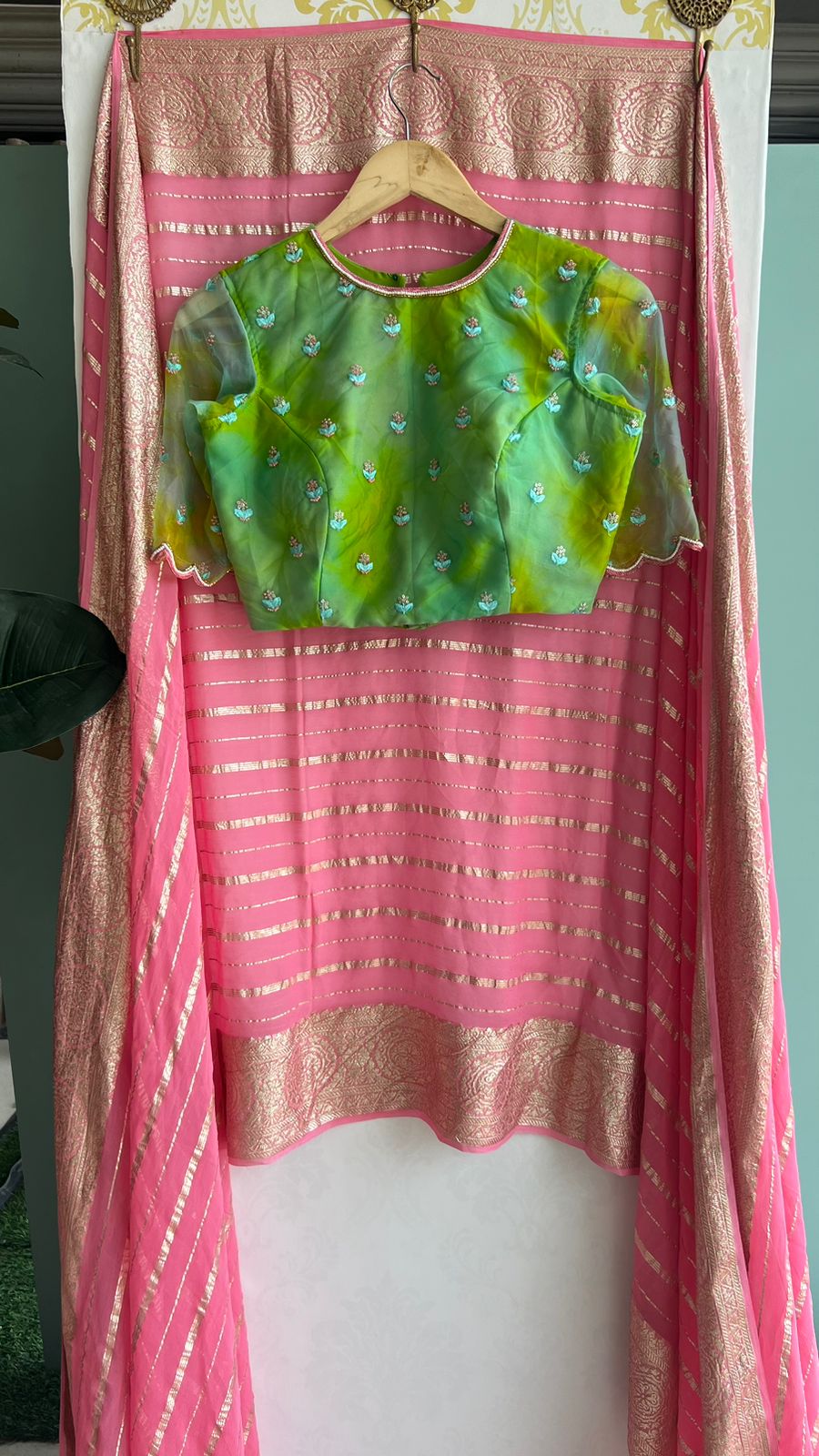 Lime green organza handwork blouse