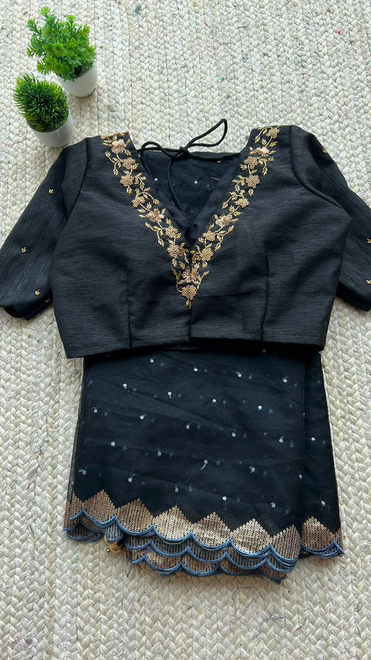 Black silk V neck hand worked blouse