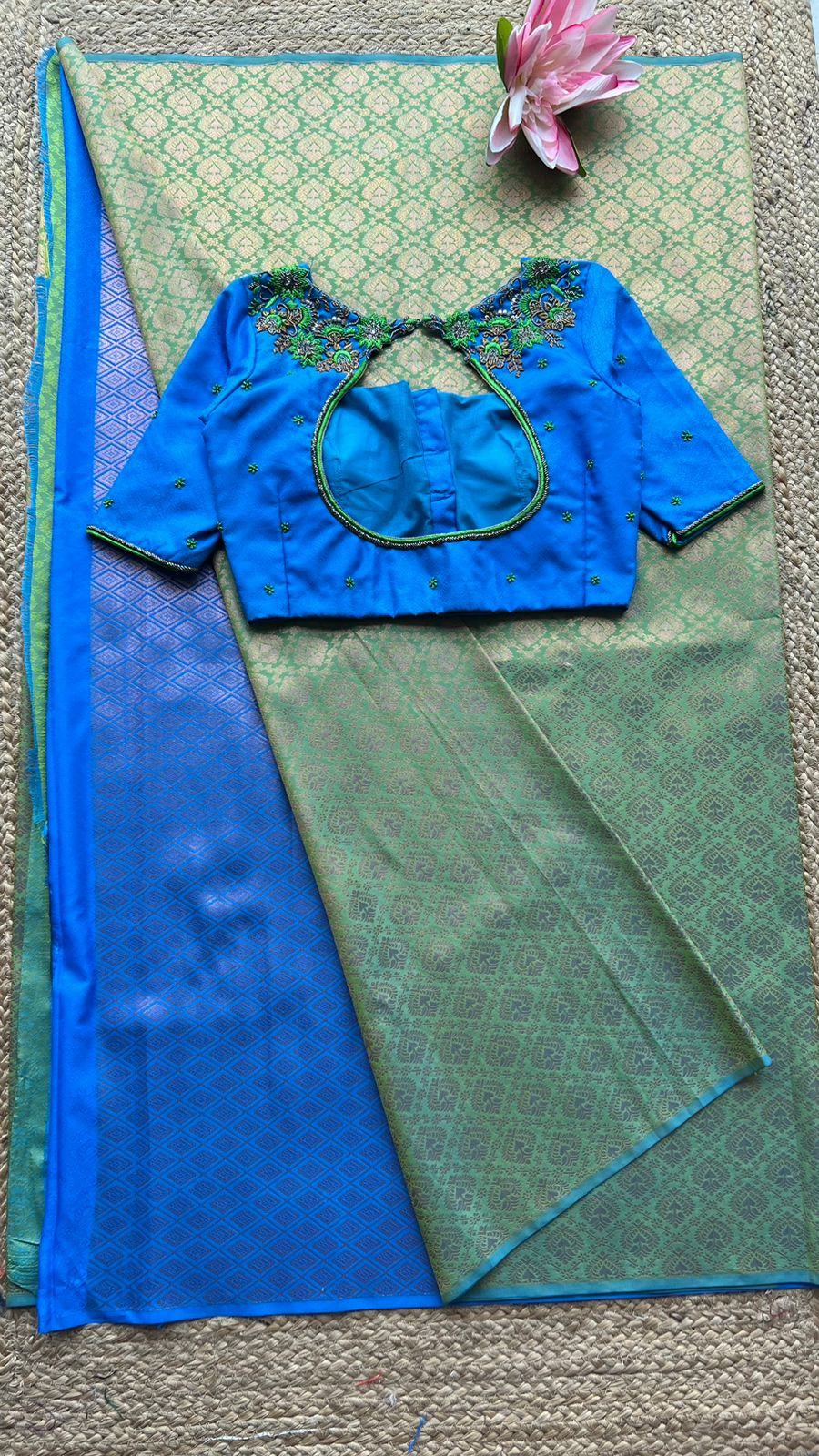 (Free full predraping ) green and blue silk saree with hand worked blouse