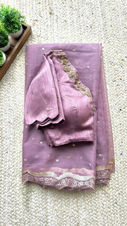 Onion pink organza Saree with Handmade Blouse