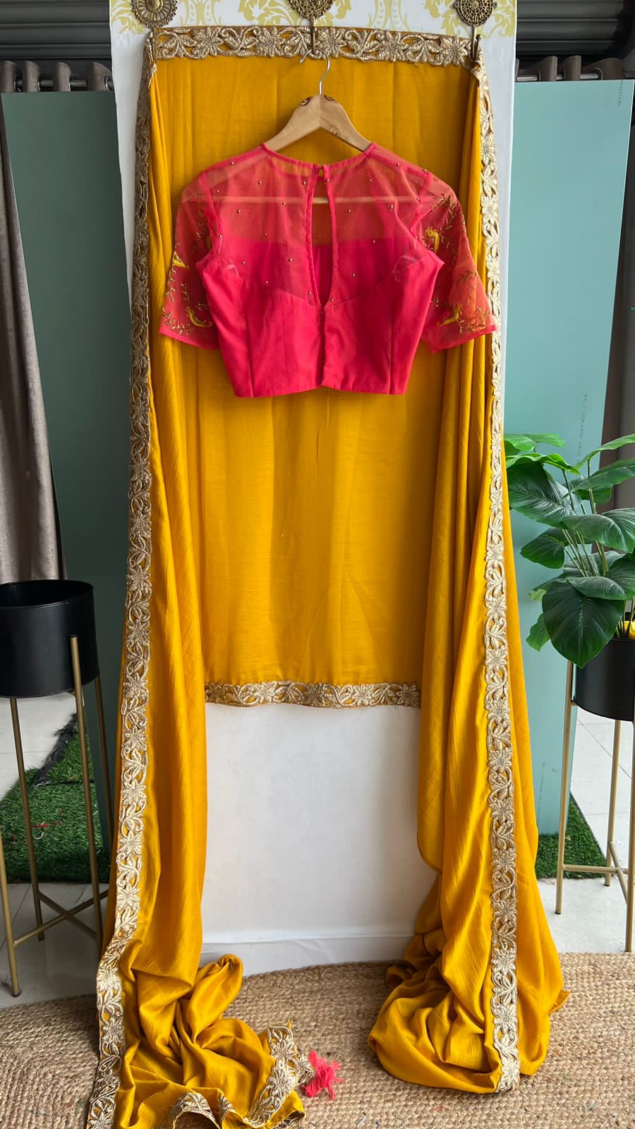 Pink silk netted bird handwork blouse (Only blouse )