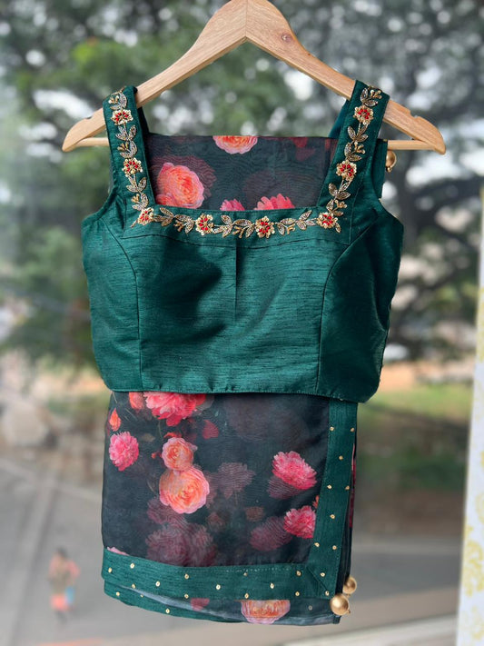 Bottle green organza saree with green handworked blouse