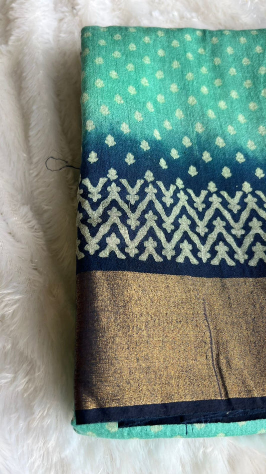 Cyan and blue cotton silk saree with blouse