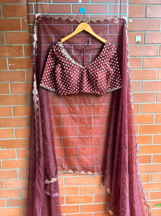 Maroon organza saree with banarasi handwork blouse