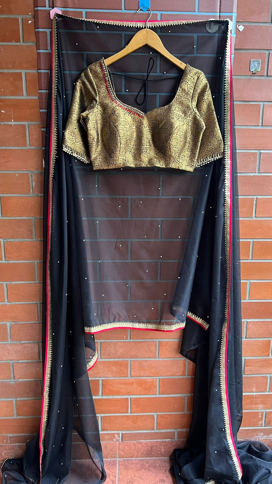 Black silk saree with kanjivaram handwork blouse