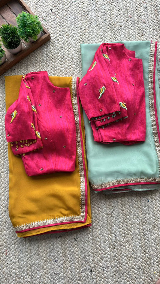 Mint soft organza saree with pink handwork blouse