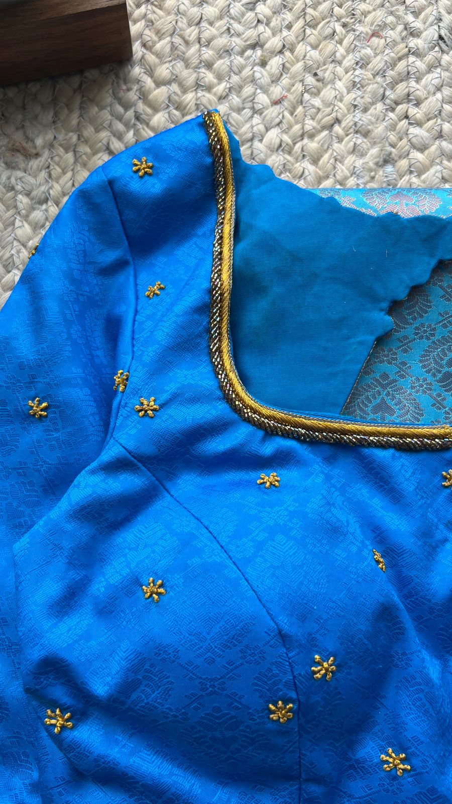 (Free full predraping ) Blue and blue silk saree with hand worked blouse