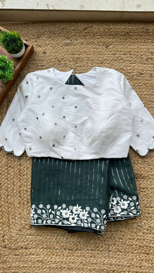Green georgette saree with white mirror worked blouse