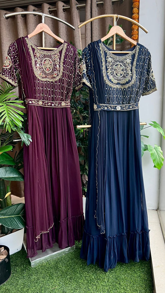 Wine georgette embroidery hand worked gown