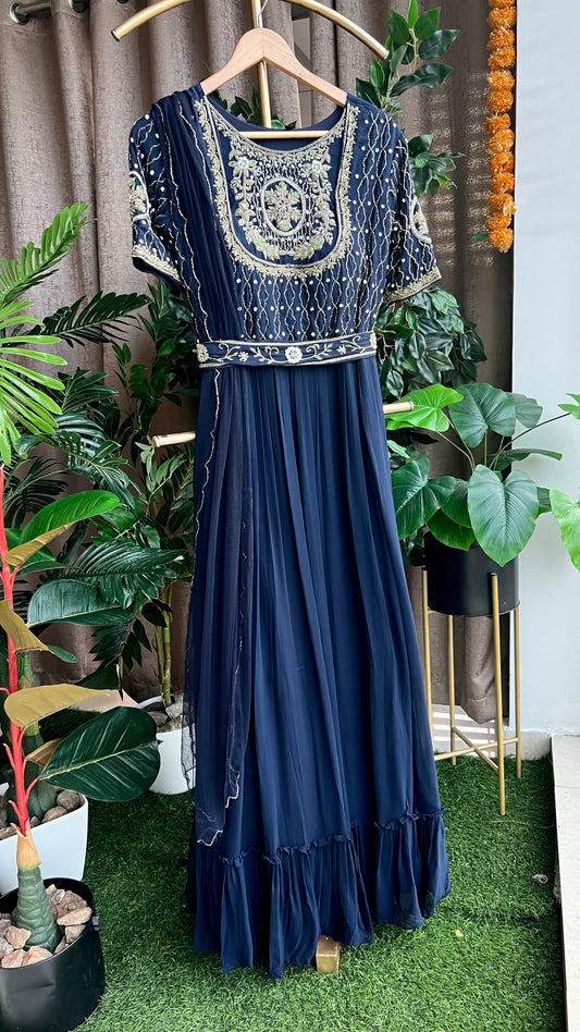 Midnight blue georgette embroidery hand worked gown