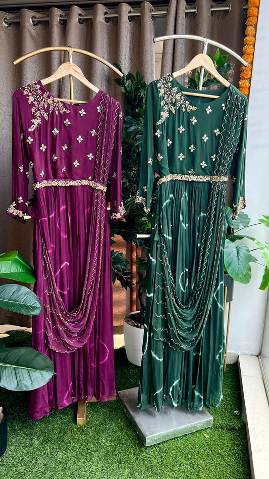 Bottle green marble embroidery mirror hand worked gown