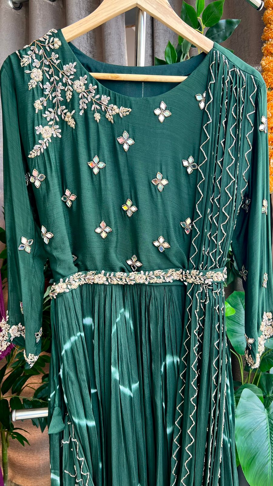 Bottle green marble embroidery mirror hand worked gown Threadslabel Bottle green marble embroidery mirror hand worked gown Threadslabel