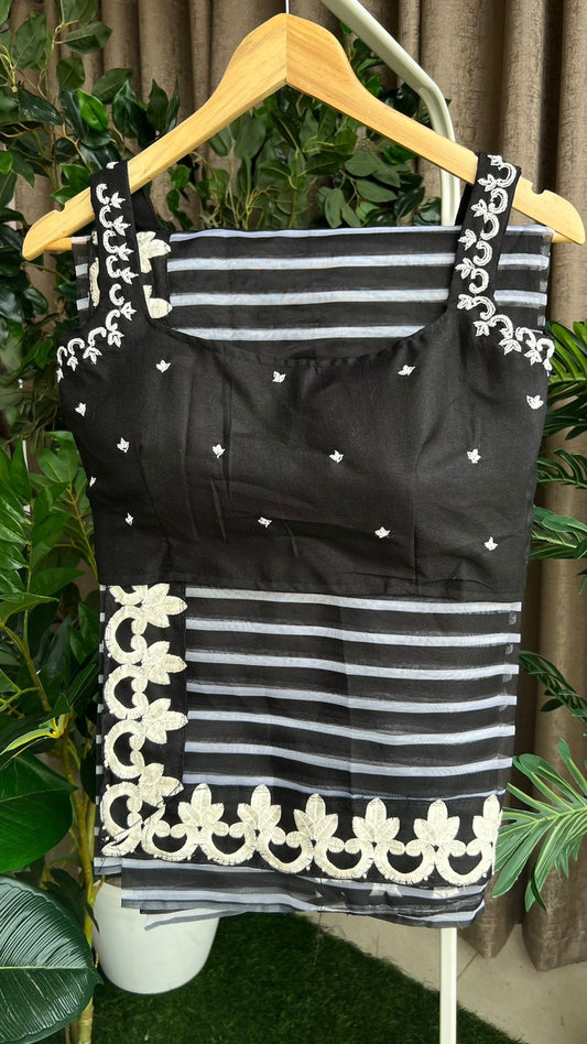 Black & white organza designer saree with handwork blouse