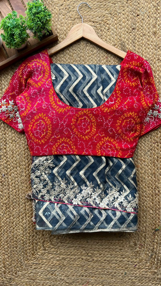 Midnight Blue organza saree with chiffon embroidery blouse