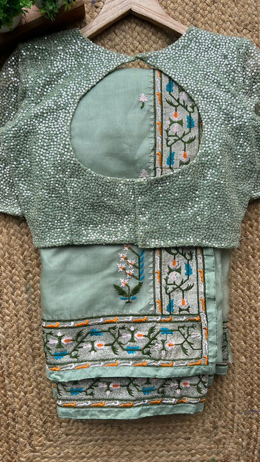 Mint soft organza designer saree with sequence blouse