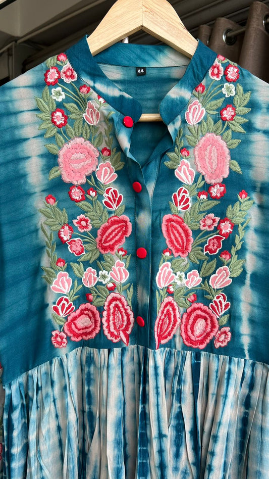 Rayon blue tie & die kurti maxi dress