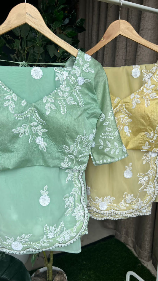 Banana yellow organza saree with silk embroidery blouse