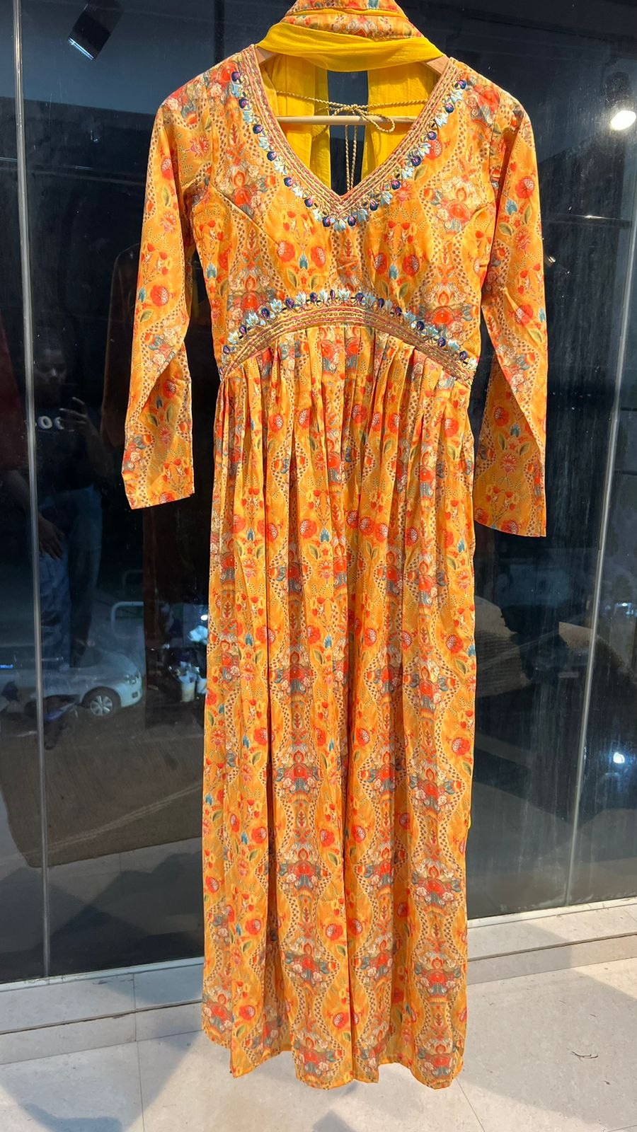 Yellow silk 3 piece kurti full length dress