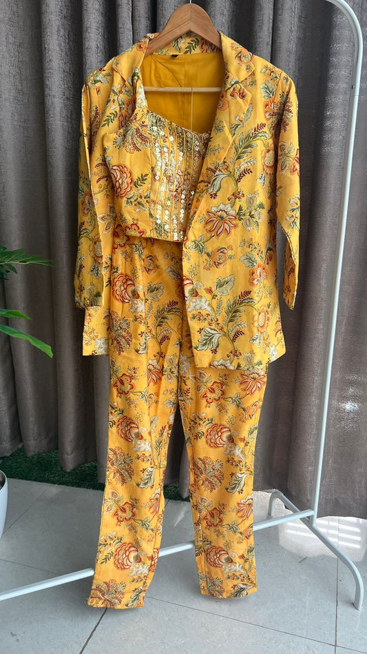 Yellow floral embroidered coord sets