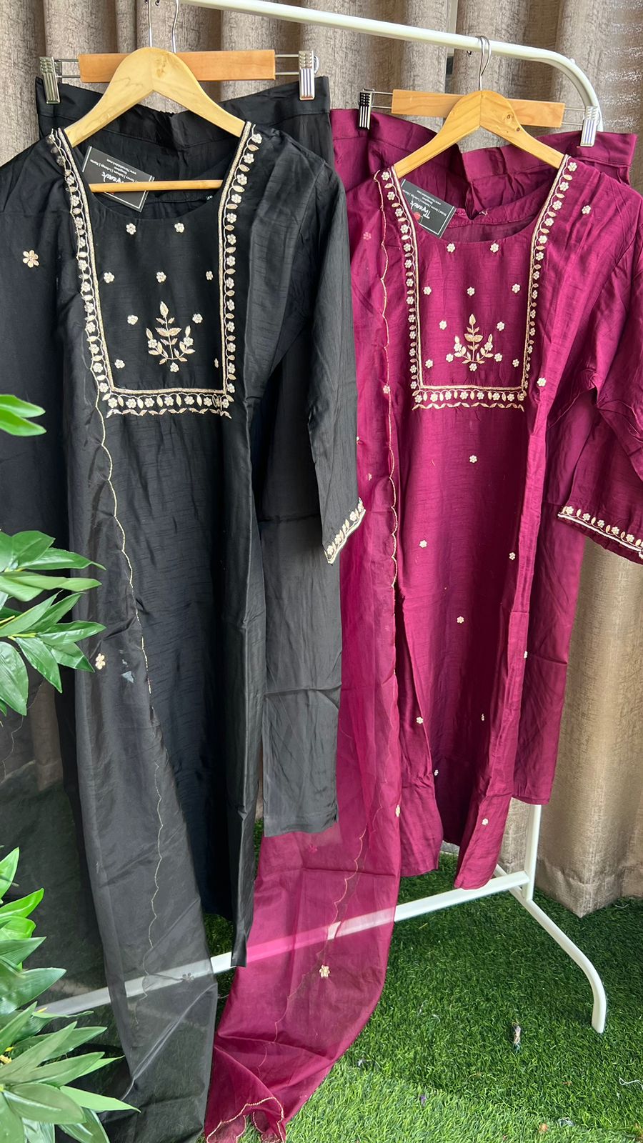 Black silk hand work embroidery 3 piece kurti set