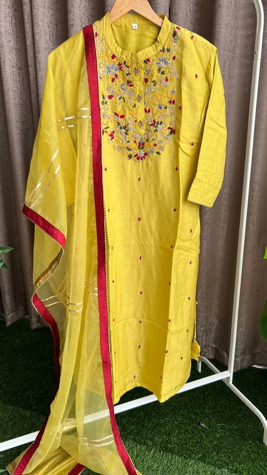 Yellow silk hand work embroidery 2 piece kurti set