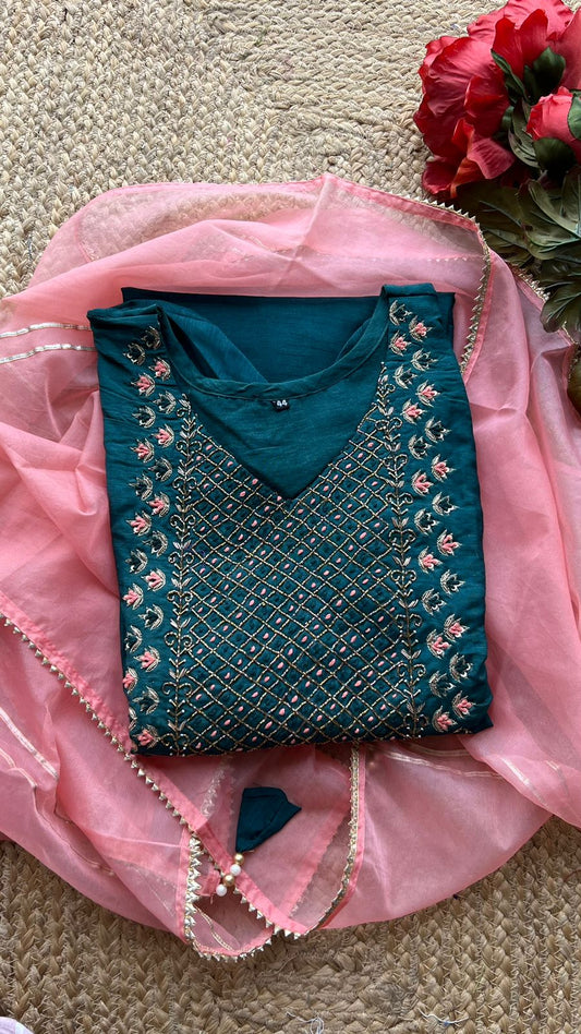 Peacock blue embroidery hand worked 2 piece kurti set