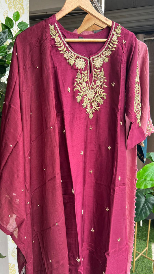 Deep wine heavy embroidery hand worked 3 piece kurti set