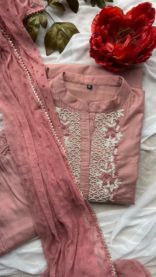 Peach silk embroidery hand worked 3 piece kurti set