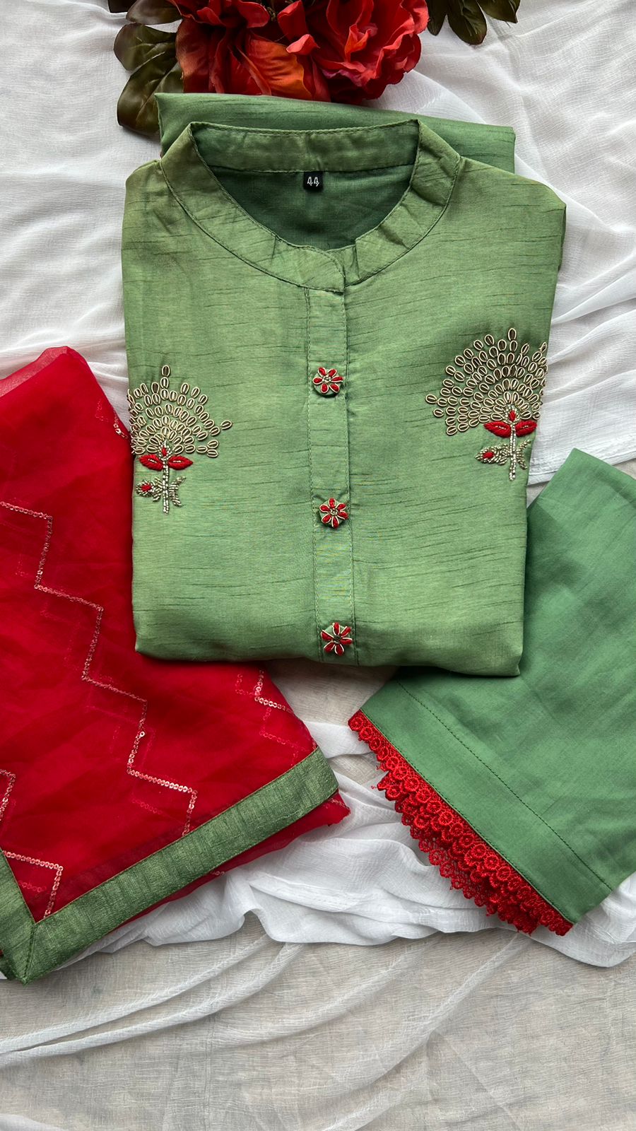 Green silk embroidery hand work 3 piece kurti set