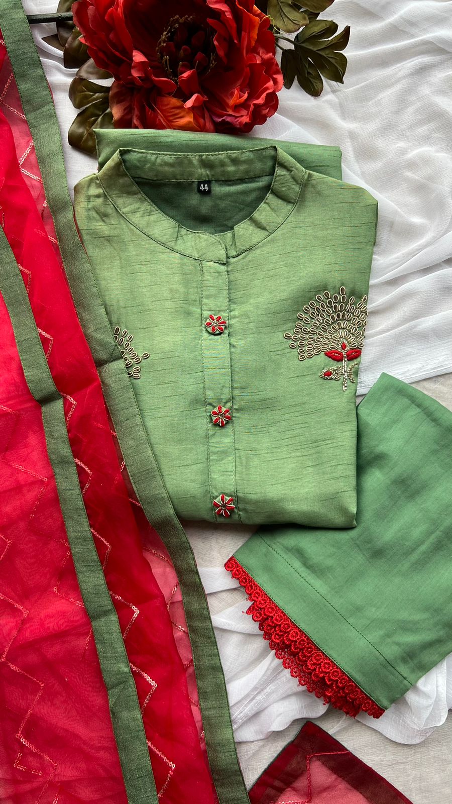 Green silk embroidery hand work piece kurti set - Main Image