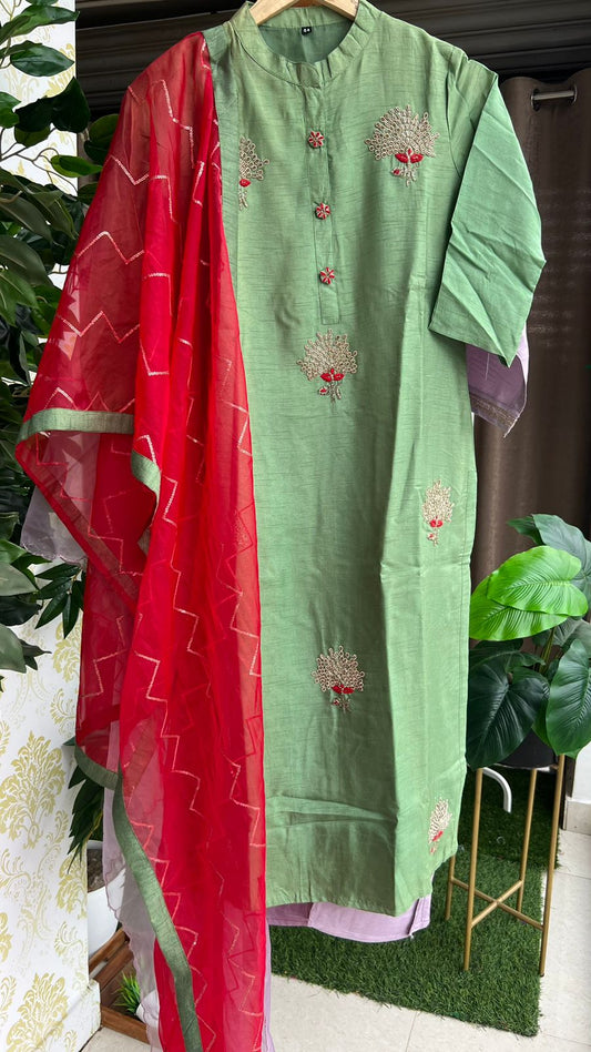 Green silk embroidery hand work 3 piece kurti set