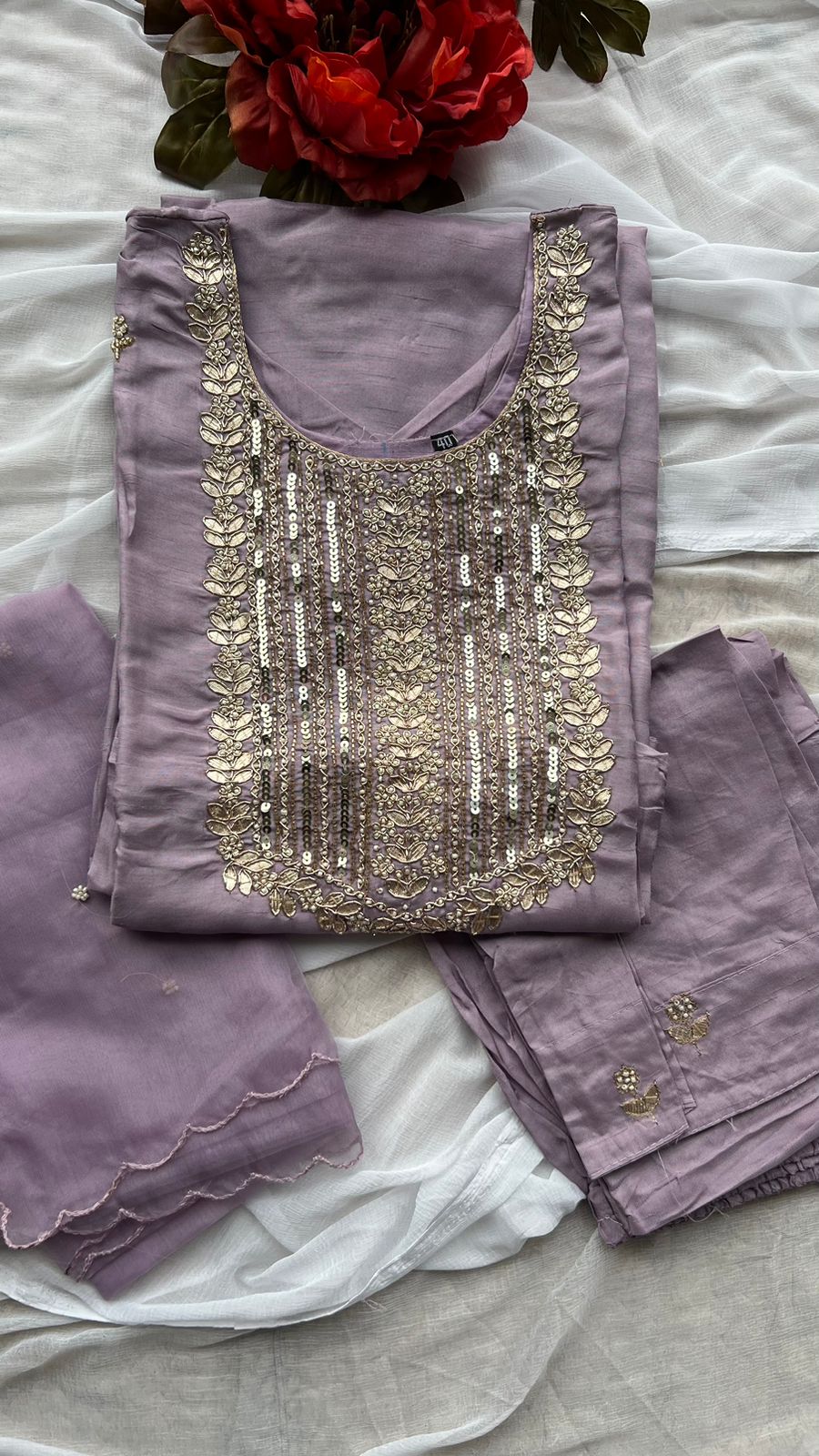 Lavender silk embroidery hand work 3 piece kurti set Threadslabel Lavender silk embroidery hand work 3 piece kurti set Threadslabel